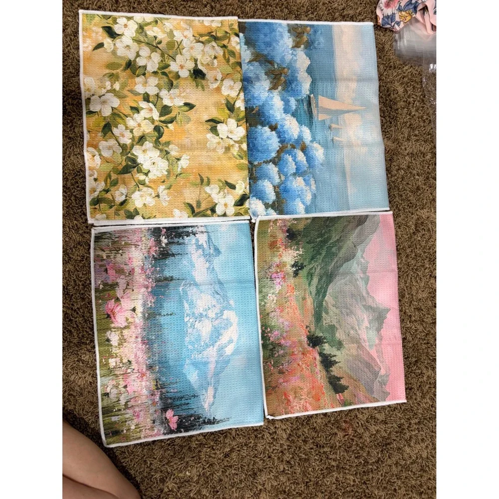 Set of 4 Impressionist Landscape Floral Waffle Weave Kitchen Towels Decorative